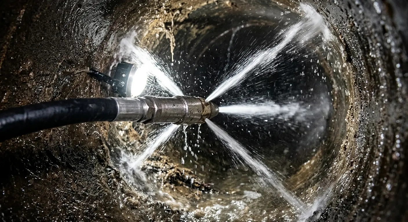 High-pressure hydro jetting nozzle cleaning sewer pipe for Emergency Drain Service in Fort Myers