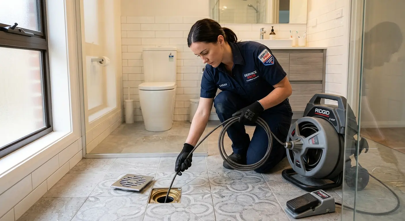 Technician clearing a bathroom floor drain for Drain Cleaning in Fort Myers